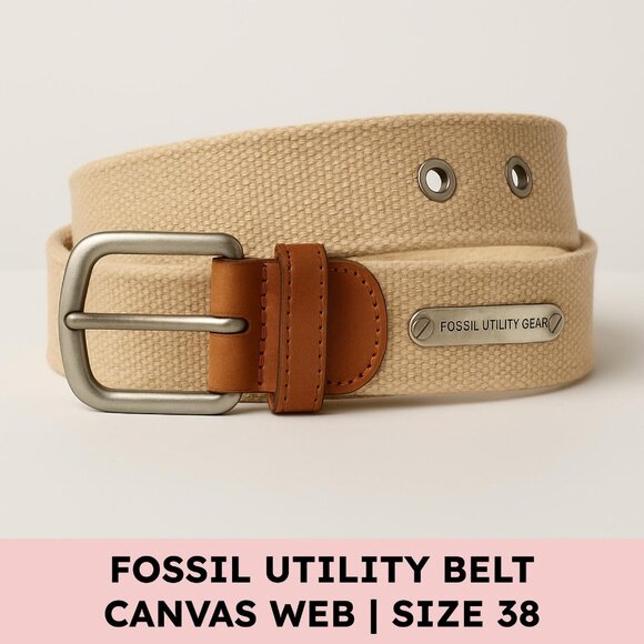 Fossil Utility Gear Canvas Web Belt Leather Khaki Workwear Rugged Casual 38 - Picture 1 of 7